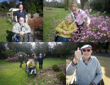 Residents enjoy the sun in the beautiful gardens at Alderwood Care Home